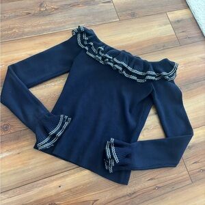 Ralph Lauren Black Label Silk Navy Blue Ribbed Knit Off Shoulder Sweater Ruffles
